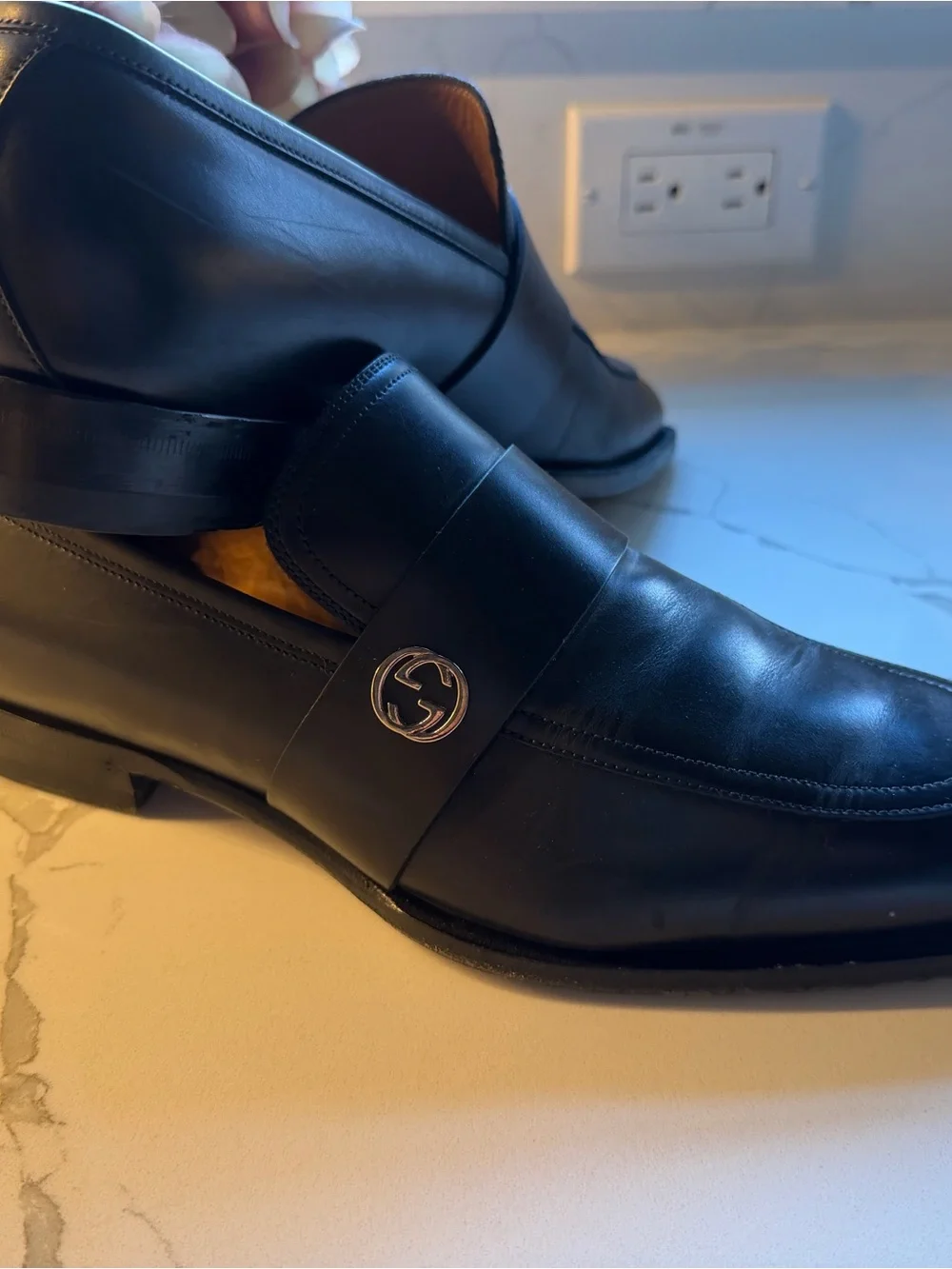 Gucci Black Leather Slip-On Loafers with Silver Interlocking G